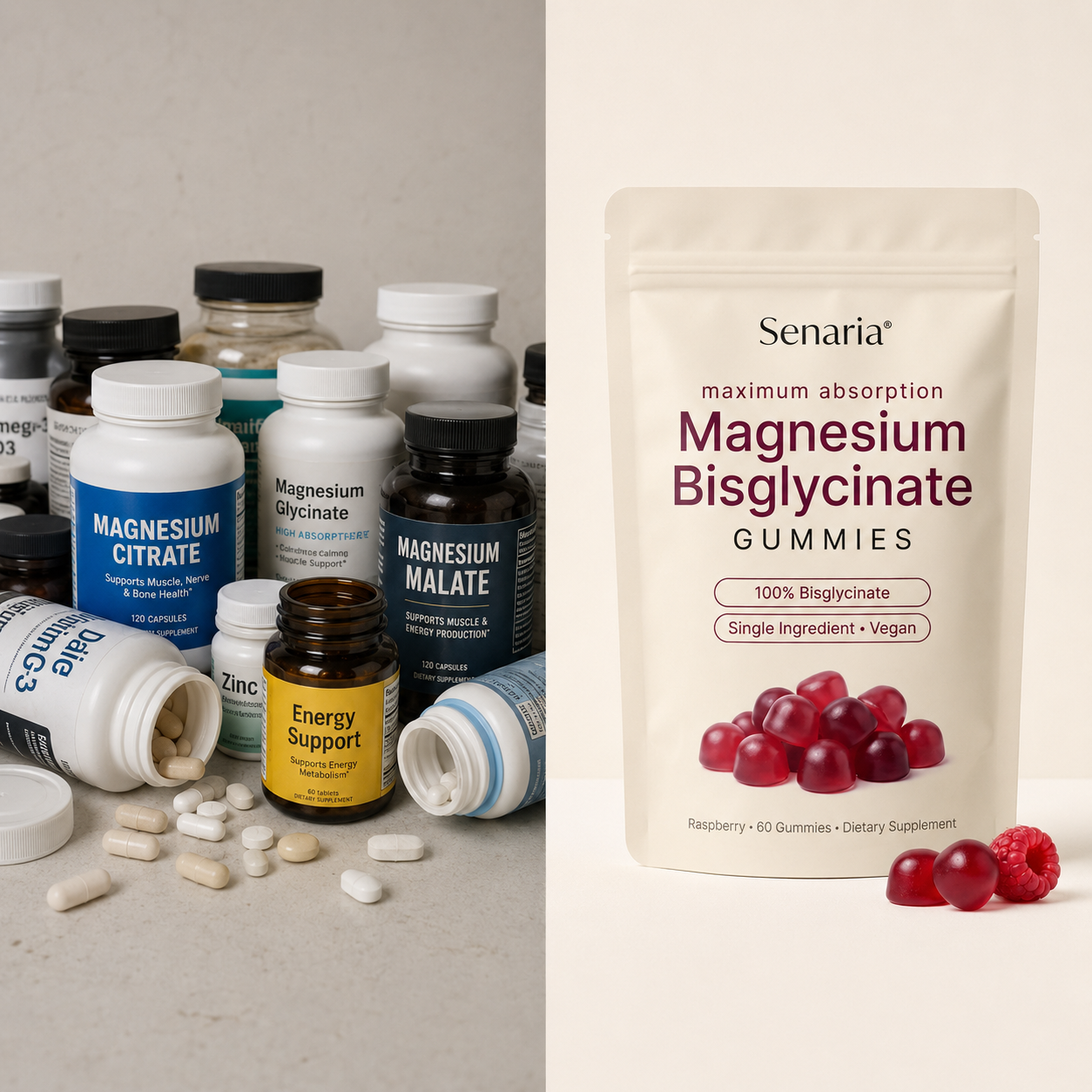 Cluttered generic magnesium supplement bottles beside a single Senaria Magnesium Bisglycinate gummies pouch