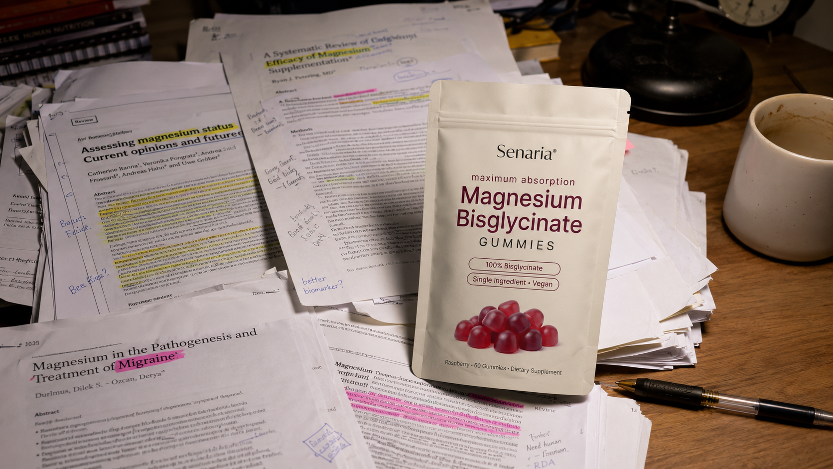 Senaria Magnesium Bisglycinate pouch on a desk with clinical research papers