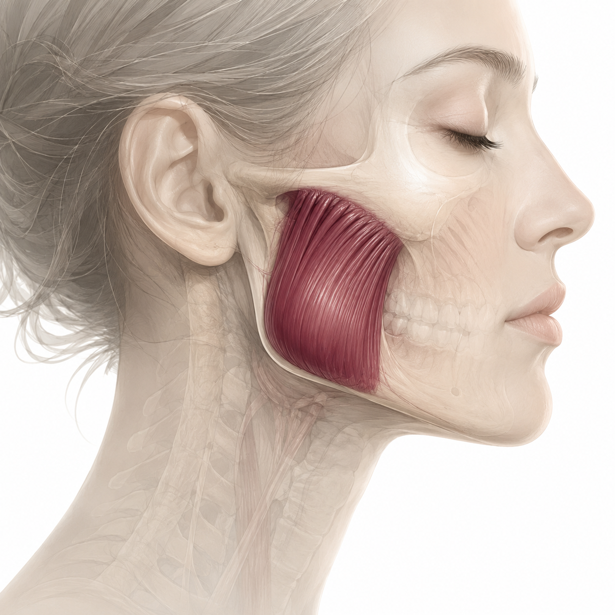 Anatomical illustration of the masseter jaw muscle that clenches